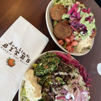 Arabian Bites - Beef shawarma bowl with rice and lettuce, and a falafel bowl on lettuce. Delicious - Middle Eastern Near Me - Albuquerque, New Mexico Arabian Bites - Beef shawarma bowl with rice and lettuce, and a falafel bowl on lettuce. Delicious - Middle Eastern Near Me - Albuquerque, New Mexico
