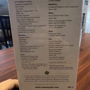 Colony Grill - Drink Menu - Pizza Near Me - Arlington, Virginia