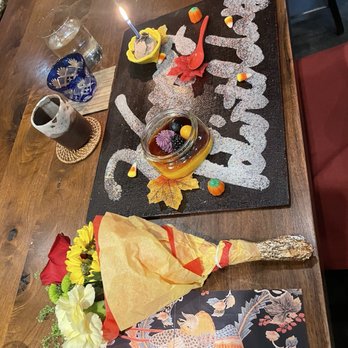 wa’z - Birthday bouquet with candle with dessert: pumpkin pudding sesame ice cream - Japanese Near Me - Seattle, Washington wa’z - Birthday bouquet with candle with dessert: pumpkin pudding sesame ice cream - Japanese Near Me - Seattle, Washington
