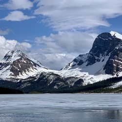 Bow Lake - The waters of Bow Lake weren't colorful when I visited in the middle of June, but still so picturesque here.