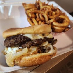 Loaded Burger - Mushroom Swiss burger with curly fries.