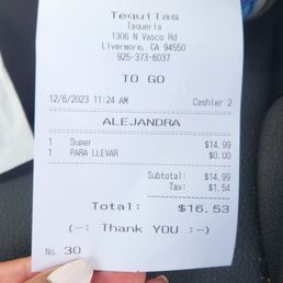 Super burrito $16.53 (with tax) Super burrito $16.53 (with tax)