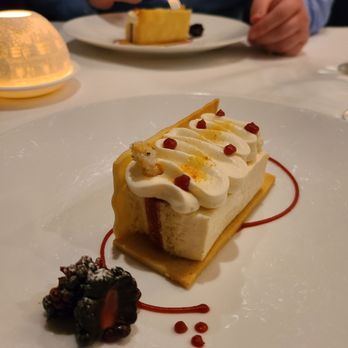 Chez TJ - Princess cake, blackberry compote - French Near Me - Mountain View, California
