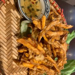 Goc Pho - "Banh Tom Chien"--fried sweet potatoes with shrimp. Very delicious!
