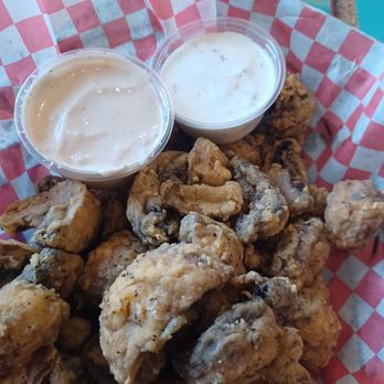 Kahuna's Burgers - Breaded mushrooms Kahuna sauce and Garlic Parmesean - Burgers Near Me - Greenville, Illinois Kahuna's Burgers - Breaded mushrooms Kahuna sauce and Garlic Parmesean - Burgers Near Me - Greenville, Illinois