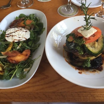 Backstreet Cafe - Peach salad (left). Tenderloin stack (right). - New American Near Me - Houston, Texas