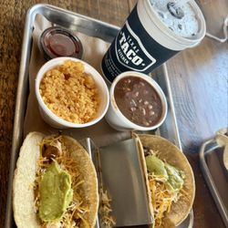 Texas Taco Kitchen - Chicken tacos with pinto beans and Spanish rice