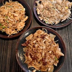 Jasmine's Thai and Sushi - Deliciousness! Beef Pad Kee Mao, chicken Pad Thai, and chicken friend rice.