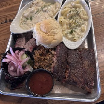 Marty B's - Bbq Three Meat Platter w/ Ribs, Pulled Pork, Brisket, Au Gratin Potatoes, Dinner Roll, and Green Chili Mac & Cheese - Tex-Mex Near Me - Bartonville, Texas