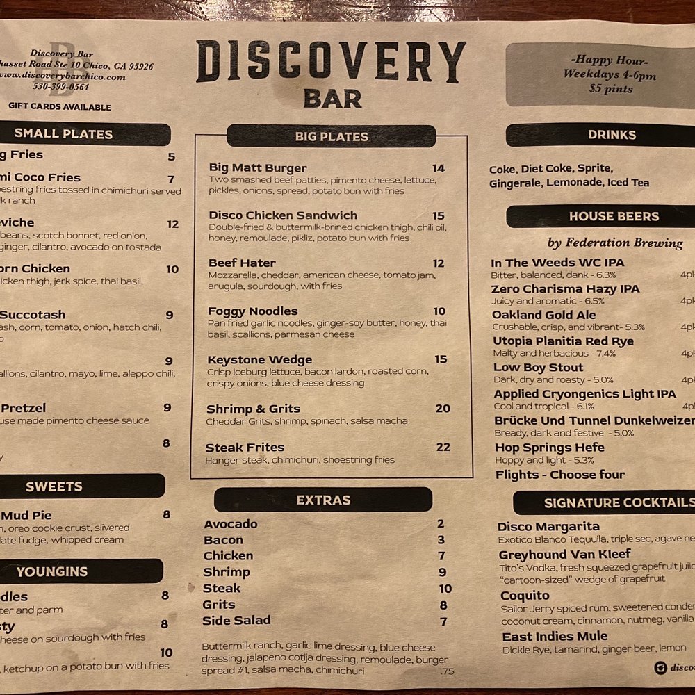 Discovery Bar - Menu as of 1-7-23 - American Near Me - Chico, California Discovery Bar - Menu as of 1-7-23 - American Near Me - Chico, California