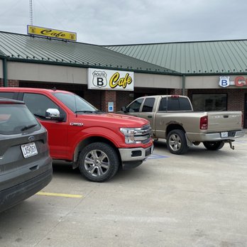 Route B Cafe - a red pickup truck parked in a parking lot - Cafes Near Me - Boonville, Missouri