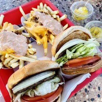 In-N-Out Burger - Hamburger with onion + Animal Style fries and Pink lemonade with a side of their new yellow peppers - Fast Food Near Me - La Verne, California In-N-Out Burger - Hamburger with onion + Animal Style fries and Pink lemonade with a side of their new yellow peppers - Fast Food Near Me - La Verne, California