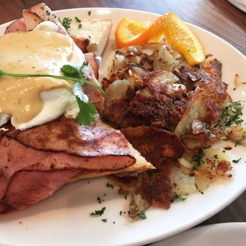 Plums Cafe - Santa Fe Eggs Benedict (ham was too salty) - Breakfast & Brunch Near Me - Costa Mesa, California