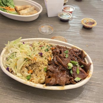 Buddha Bruddah - Spicy pork with garlic fried rice and egg rolls aka lumpia - Asian Fusion Near Me - Seattle, Washington Buddha Bruddah - Spicy pork with garlic fried rice and egg rolls aka lumpia - Asian Fusion Near Me - Seattle, Washington