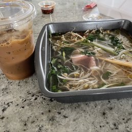 Beef combo pho and iced coffee