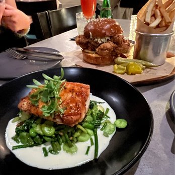 Oak - Soy Glazed Scottish Salmon, Crispy Chicken Sandwich - New American Near Me - Laguna Beach, California Oak - Soy Glazed Scottish Salmon, Crispy Chicken Sandwich - New American Near Me - Laguna Beach, California