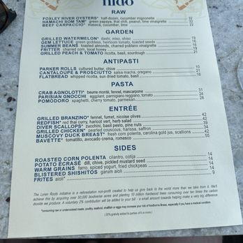 Nido - The menu from Nido in Austin, TX, offers sections including RAW, GARDEN, ANTIPASTI, PASTA, ENTRÉE, and SIDES, with dishes like grilled watermelon, crab agnolotti, and duck breast. - New American Near Me - Austin, Texas