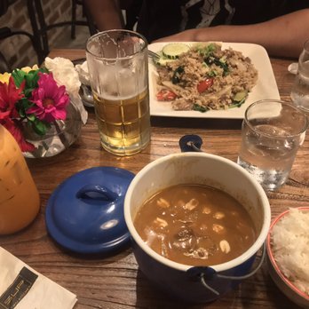 Sup Thai Kitchen - Thai iced tea, massaman curry with rice, fried rice and beef and a Singha - Thai Near Me - Fresh Meadows, New York Sup Thai Kitchen - Thai iced tea, massaman curry with rice, fried rice and beef and a Singha - Thai Near Me - Fresh Meadows, New York