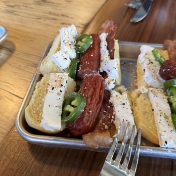 Burgh'ers Brewing - Everything bagel hotdog. Very tasty! - Burgers Near Me - Pittsburgh, Pennsylvania