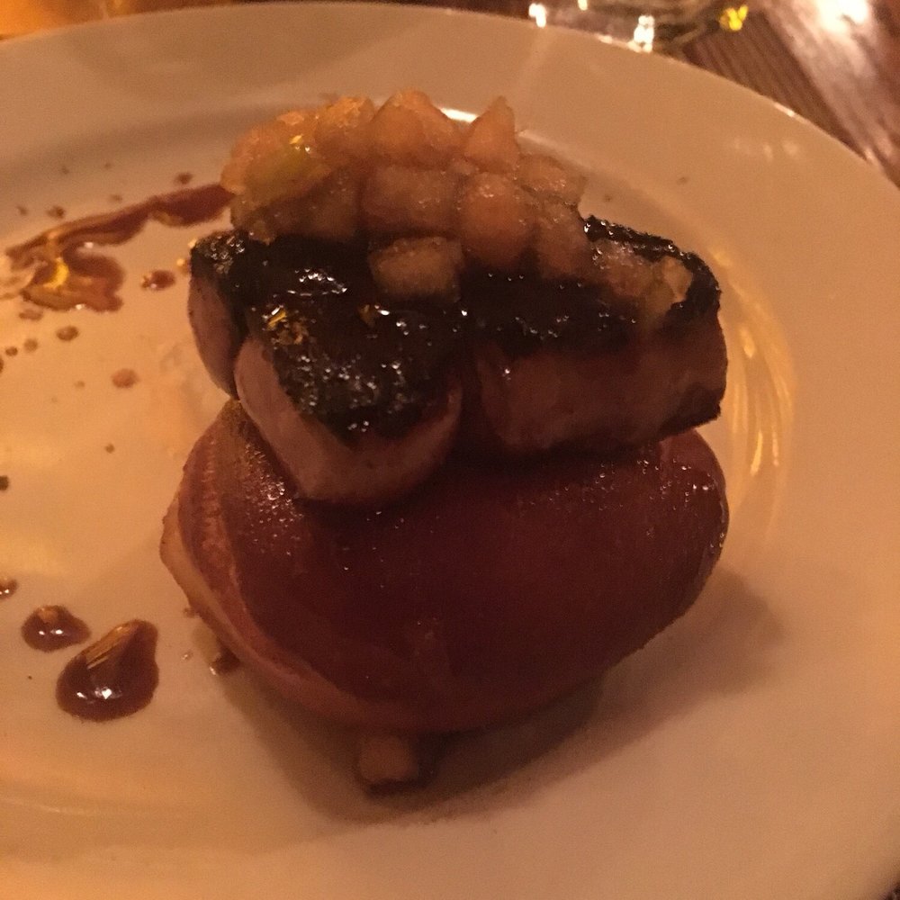 La Morra - Best dish of the night - seared foie gras on top of a braised beef filled donut - Italian Near Me - Brookline, Massachusetts La Morra - Best dish of the night - seared foie gras on top of a braised beef filled donut - Italian Near Me - Brookline, Massachusetts