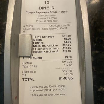 Tokyo Japanese Steak House - Be Aware they tip themselves $22 on "Special Occasions" without your knowledge. - Sushi Bars Near Me - Hampton, Virginia Tokyo Japanese Steak House - Be Aware they tip themselves $22 on "Special Occasions" without your knowledge. - Sushi Bars Near Me - Hampton, Virginia
