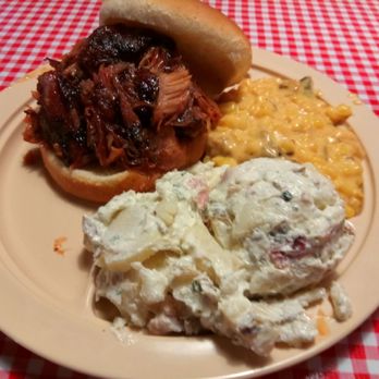 Whole Hog Cafe - Pulled rib sandwich, w potato salad and cheesy corn - Barbeque Near Me - Springfield, Missouri