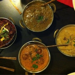 The Klay Oven - From left CCW: Chicken Jhalfrezi, Malai Kofta, White Coconut Chicken, & Lamb Curry