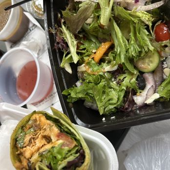 Cafe Orleans - Delicious  Cajun salmon wrap + mix greens salad - Cajun/Creole Near Me - Raleigh, North Carolina