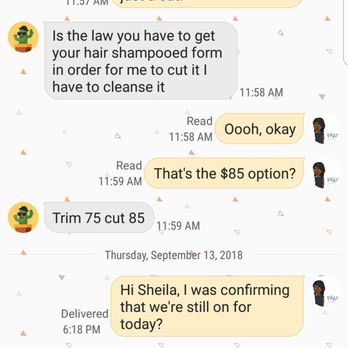 Shelia Marie Studio Salon - $75 quote for a trim. And me txting her when she's late for a 6:15 appointment. - Hair Salons Near Me - Austin, Texas Shelia Marie Studio Salon - $75 quote for a trim. And me txting her when she's late for a 6:15 appointment. - Hair Salons Near Me - Austin, Texas