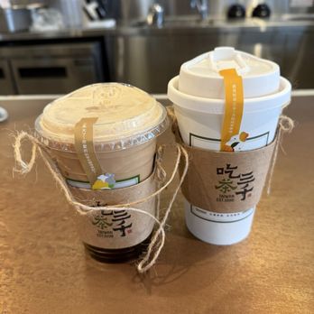 Chicha San Chen - Left - High Mountain Bubble Milk Tea  Right - (hot) Taro Milk Tea - Bubble Tea Near Me - Carrollton, Texas