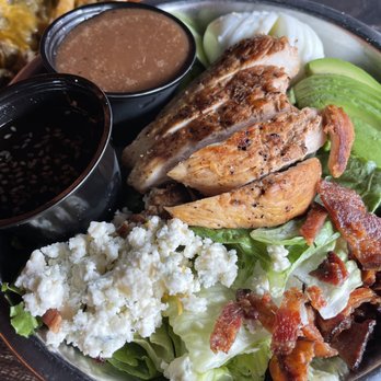 Broderick - CHOPPED COBB Chopped romaine lettuce, grilled chicken breast, hard-boiled egg, bleu cheese, tomatoes, cucumbers, bacon, & avocado - Burgers Near Me - Walnut Creek, California