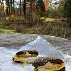 Broad Street Bagel - Sausage egg and cheese on a sesame pumpernickel- delicious!