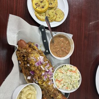 Gran Goose Grill - Nathan's hotdog with side of grilled squash, mashed potatoes and pinto beans - Breakfast & Brunch Near Me - Hensley, Arkansas Gran Goose Grill - Nathan's hotdog with side of grilled squash, mashed potatoes and pinto beans - Breakfast & Brunch Near Me - Hensley, Arkansas
