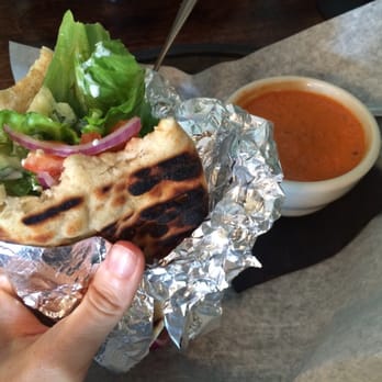 Dobra Zupas - Grilled Mediterranean pita wrap with tomato bisque. - New American Near Me - Beckley, West Virginia Dobra Zupas - Grilled Mediterranean pita wrap with tomato bisque. - New American Near Me - Beckley, West Virginia