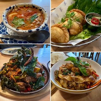 Dara - L to R: Tom Yum soup, Chicken Puff, Pad Kee Mao, Ribeye Pad Cha - Thai Near Me - Philadelphia, Pennsylvania Dara - L to R: Tom Yum soup, Chicken Puff, Pad Kee Mao, Ribeye Pad Cha - Thai Near Me - Philadelphia, Pennsylvania