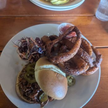 The Daily Grind - Pulled BBQ pork sandwich burnt onion rings - Coffee & Tea Near Me - Albuquerque, New Mexico