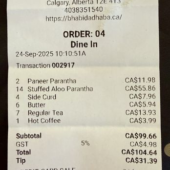 Bhaabi Da Dhaabba - Our bill - Food Delivery Services Near Me - Calgary, Alberta