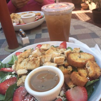Roccab's Café & Deli - their spinach/strawberry salad (minus the walnuts and with chicken added) with a mango green tea. extra dressing costs more :-( - Sandwiches Near Me - San Leandro, California Roccab's Café & Deli - their spinach/strawberry salad (minus the walnuts and with chicken added) with a mango green tea. extra dressing costs more :-( - Sandwiches Near Me - San Leandro, California