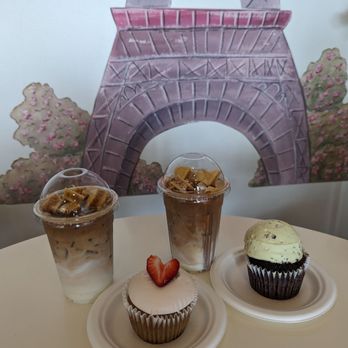 Whipped Bakery & Cafe - Strawberry cupcake+mint chocolate chip cupcake and dalgona iced coffee - Bakeries Near Me - Leander, Texas