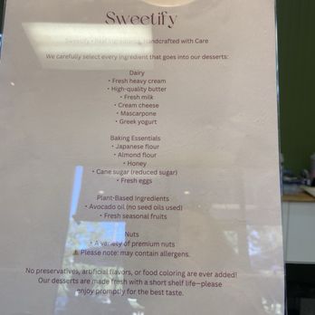 Sweetify - Ingredient List - Desserts Near Me - Temecula, California