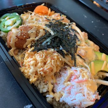 Poke Town - Spicy tuna, salmon bowl with brown rice, ponzu, spicy mayo & chili paste. Marinated onion & green onion & dry seaweed - Japanese Near Me - Norco, California Poke Town - Spicy tuna, salmon bowl with brown rice, ponzu, spicy mayo & chili paste. Marinated onion & green onion & dry seaweed - Japanese Near Me - Norco, California