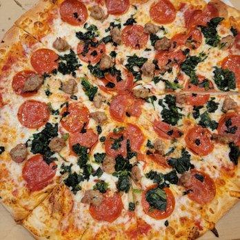 Bella Pizza & Pasta - Pepperoni, sasauge, garlic, and spinich. - Pizza Near Me - Mesa, Arizona Bella Pizza & Pasta - Pepperoni, sasauge, garlic, and spinich. - Pizza Near Me - Mesa, Arizona