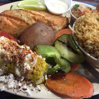Mambo Seafood - Salmon, mambo rice and veggie. - Seafood Near Me - Houston, Texas Mambo Seafood - Salmon, mambo rice and veggie. - Seafood Near Me - Houston, Texas