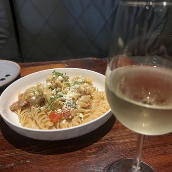 Farmer's Table - Fusillone and a glass of wine - New American Near Me - La Mesa, California Farmer's Table - Fusillone and a glass of wine - New American Near Me - La Mesa, California