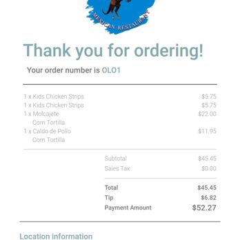 Juan Colorado - My receipt and order that was placed at 6:21. Didn't leave there until 6:55. - Mexican Near Me - Tualatin, Oregon Juan Colorado - My receipt and order that was placed at 6:21. Didn't leave there until 6:55. - Mexican Near Me - Tualatin, Oregon