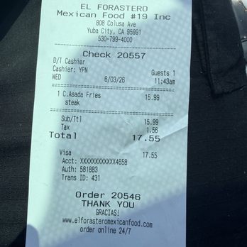 El Forastero - Proof of receipt - Mexican Near Me - Yuba City, California El Forastero - Proof of receipt - Mexican Near Me - Yuba City, California