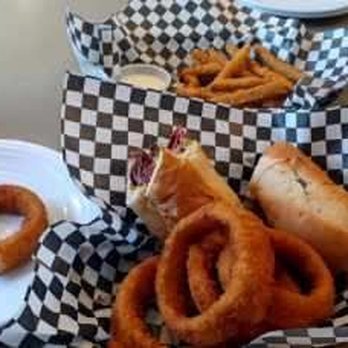Just a Small Town Grill - Pastrami sandwich on a hoagie roll. Onion rings cooked perfectly. - Salad Near Me - Morongo Valley, California