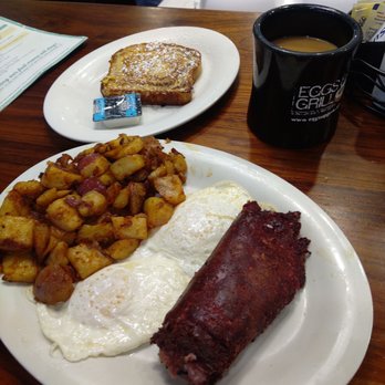 Eggs Up Grill - Corned beef hash, 2 eggs over easy, home fries with a splash of hot sauce, a side of cinnamon swirl french toast. - Breakfast & Brunch Near Me - Columbia, South Carolina Eggs Up Grill - Corned beef hash, 2 eggs over easy, home fries with a splash of hot sauce, a side of cinnamon swirl french toast. - Breakfast & Brunch Near Me - Columbia, South Carolina