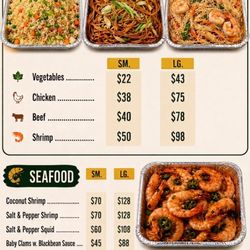 Wok King Express & Pop Chicken - Party trays with fried rice, lo mein, seafood, crawfish, and Asian favorites for family meals and catering.