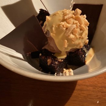 Madera - Mochi Brownie Sundae with passion fruit magic shell. - New American Near Me - Menlo Park, California Madera - Mochi Brownie Sundae with passion fruit magic shell. - New American Near Me - Menlo Park, California